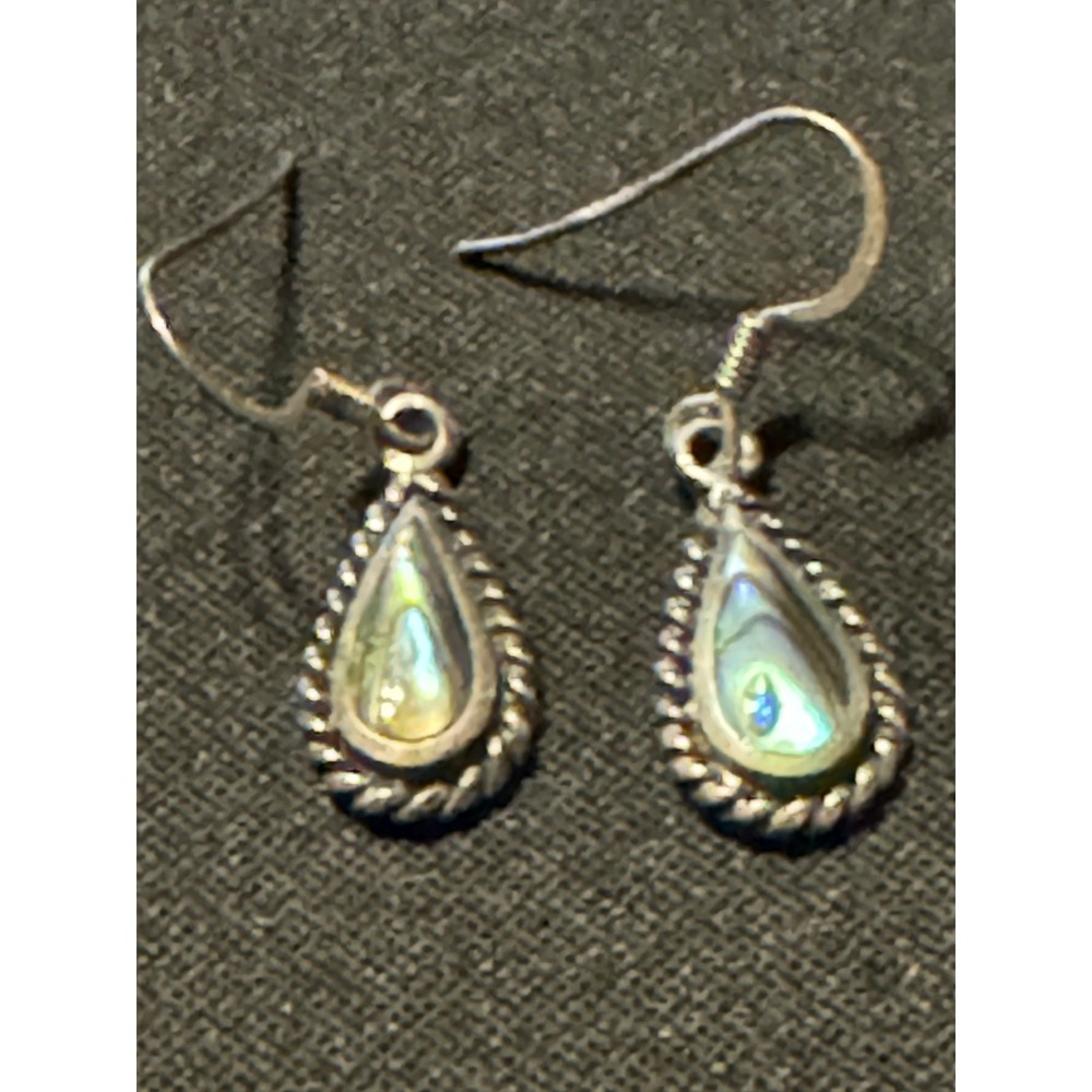 Vintage Sterling Silver Abalone Teardrop Dangle Earrings 925 Rope Border